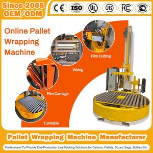 Inline Plastic Stretch Film Wrap/Packaging/Packing Intelligent Fully Automatic Rotating Arm Inline Pallet Wrapping Machine with Conveyor System for Ton Bag/Wood
