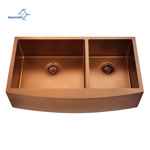 Luxury 33 Inch 18/16 Gauge Farmhouse Handmade Rose Gold Double Bowl PVD Nano Kitchen Sink
