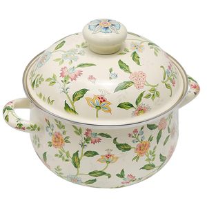 2.8 Qt Vintage Enamel Simmer Pot, Green Floral Enamel Stock Pot, Deep Vintage Cookware with Dural Handle for Stove Top, Ideal for 1-3 People