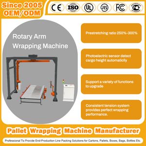 Automatic High Speed Prestretch/Stretch Roll Film Strapping Shrink Packing Pallet Inline Rotary Arm Wrapping Machine for Ton Bag/Wooden Case/Carton/Bag/Brick