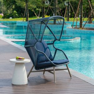 Outdoor High Back Wicker Chair, Weatherproof PE Rattan Patio Lounge Chair with Cushion, Hotel Poolside Leisure Chair