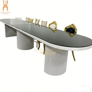 Elegant White Fluted Frame Table Black Glass Top Oval Table for Luxury Hotel Wedding Dining Event