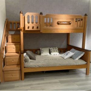 Space Saving Wooden Bunk Bed with Pull out Trundle for Small Family Home