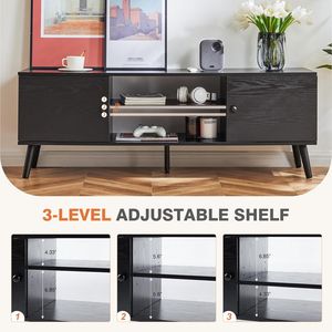 Modern MID Century TV Cabinet Stand with 2 Storages Solid Wood TV Stand