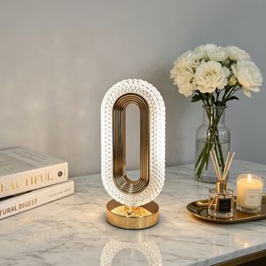 Oval Hollow Diamond Crystal LED Table Lamp Metal Touch Bedside Desk Night Light Luxury Decor Lamp