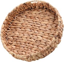 Handmade Round Water Hyacinth Wicker Storage Basket Tray with Handle