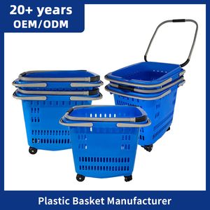 Highbright Customized Logo Color Plastic Grocery Supermarket Shopping Rolling Basket with 4 Wheels