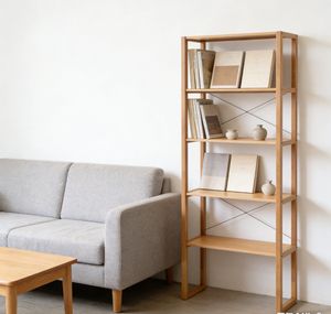 Natural Solid Wood 5-Tier Open Storage Shelf with Cross Wire Reinforcement