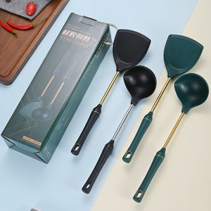 Stainless Steel Silicone Spatula Ladle Spoon New Anti-Scald Green Gold Silicone Kitchen Utensil Set