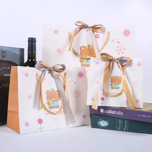 Cartoon Bear Paper Gift Bags, Packaging Bags, Children's Day Handbags, Candy Bags, Shopping Bags with Ribbons