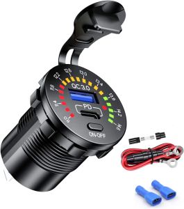 12V USB Outlet 1*Type-C and 1*QC3.0 Marine USB Outlet Waterproof and Dustpoof with Switch and Voltmeter for Car Marine Boat RV