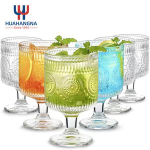 Vintage Goblet Glasses Wine Glasses Embossed Floral Glass Cups Set Clear Drink Glasses
