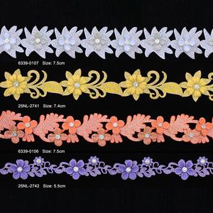 Velvet Fabric Laser Cut Hot Fix Rhinestone Special Embroidery Lace Trim with Flower Pattern for Africa Women Dress