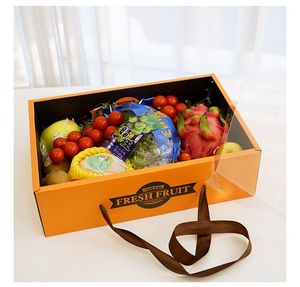 Rdy Custom Logo Ribbon Handle Fruit Packaging Box with Clear Lid Vented Corrugated Box for Grape Cherry Strawberry Gift