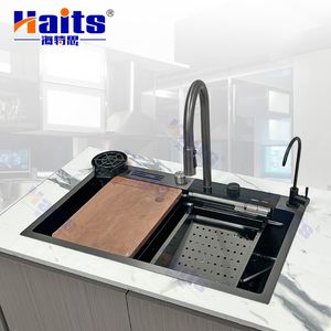 Black Piano Key Waterfall Faucet Kitchen Sink with Dishwasher