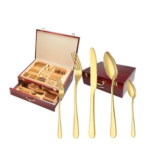 PVD Gold-Plated Stainless Steel Wedding Gift 72 PCS Cutlery Set with Wooden Box